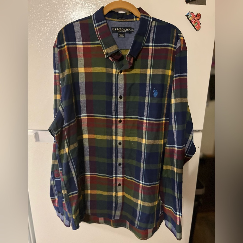 US Polo Assn. Shirt Mens 2XL Red Green Button‎ Up Long Sleeve Plaid Casual Pony